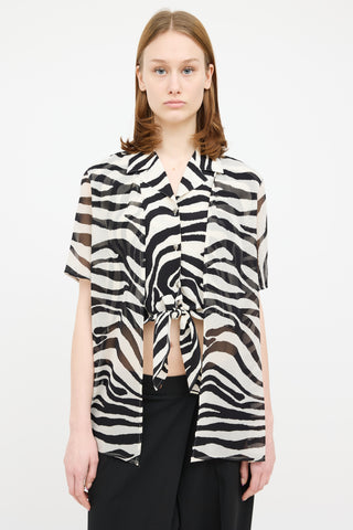 Escada Black 
White Silk Sheer Layered Tie Blouse