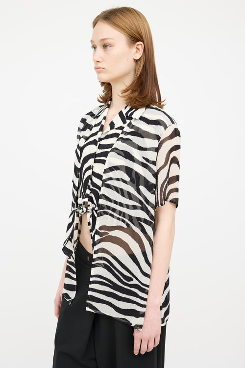 Escada Black 
White Silk Sheer Layered Tie Blouse