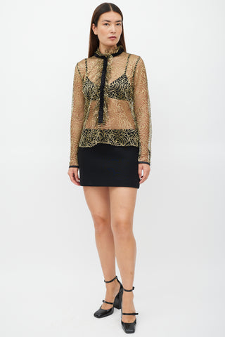 Etro Black 
Gold Ruffled Mesh Top