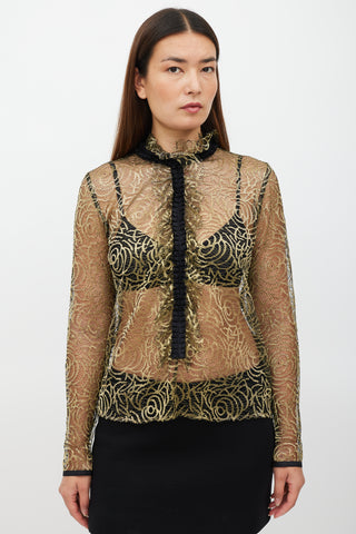 Etro Black 
Gold Ruffled Mesh Top