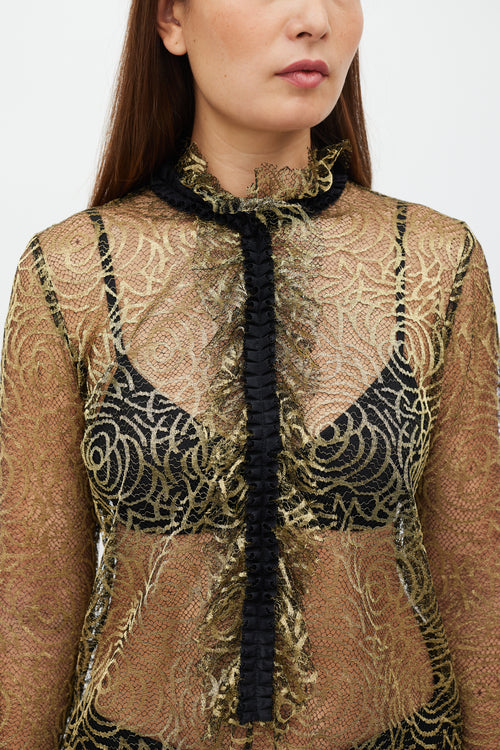 Etro Black 
Gold Ruffled Mesh Top