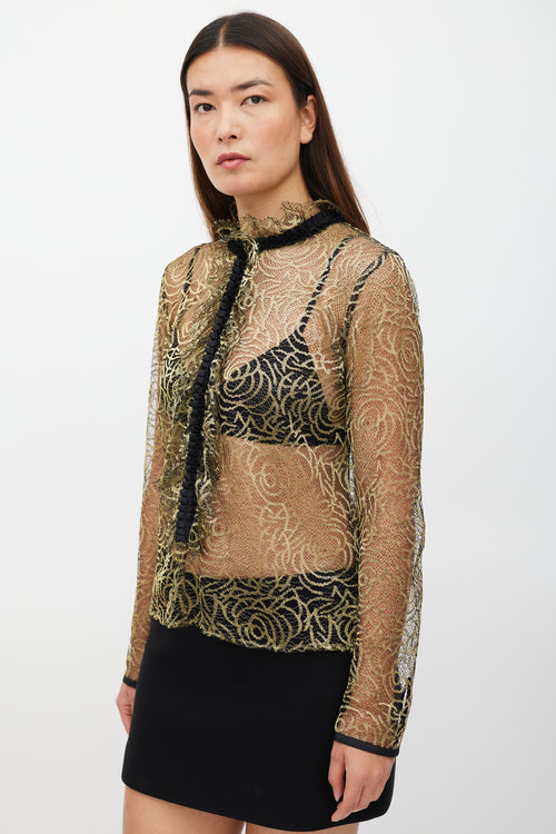 Etro Black 
Gold Ruffled Mesh Top