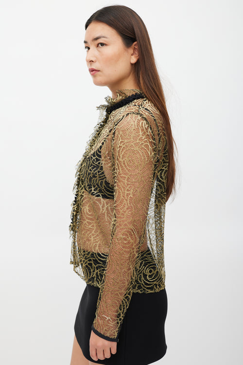 Etro Black 
Gold Ruffled Mesh Top