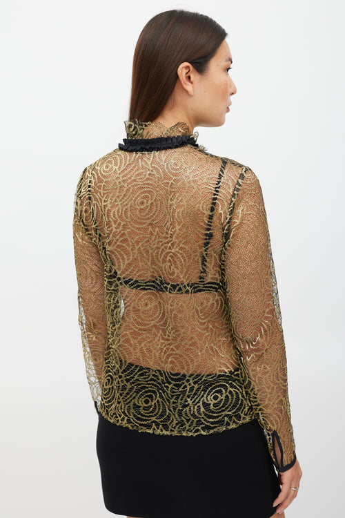 Etro Black 
Gold Ruffled Mesh Top