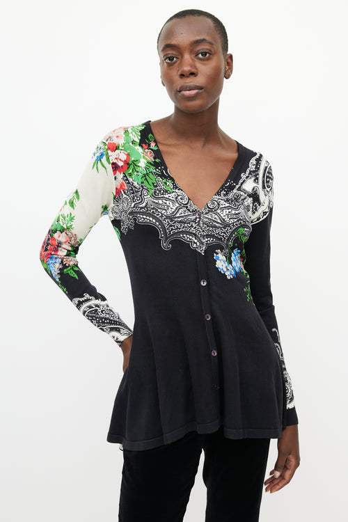 Etro Black 
Multi Floral Peplum Cardigan