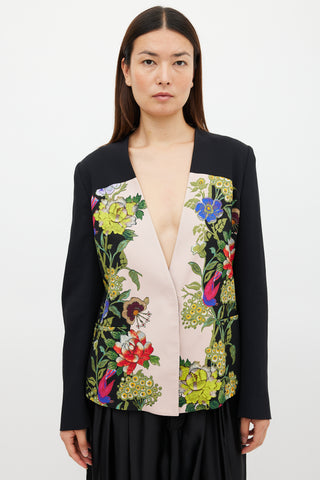 Etro Black 
Multicolour Floral Collarless Blazer