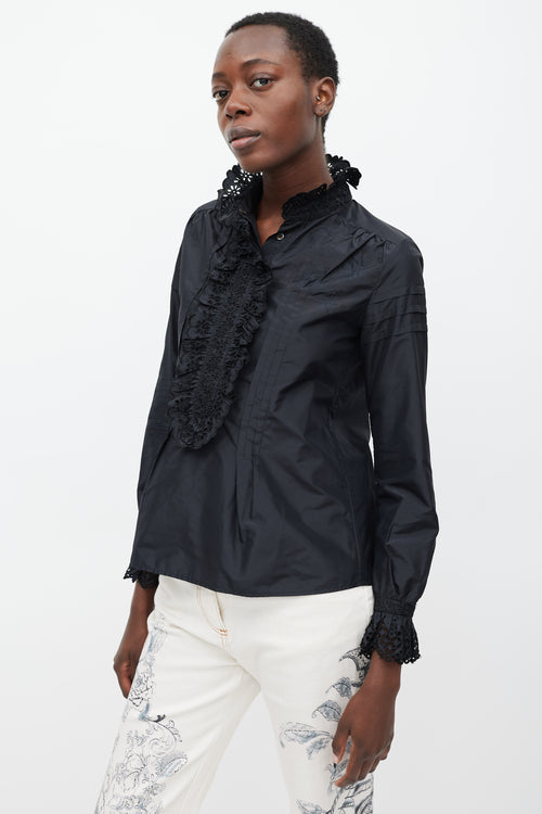 Etro Black Silk Floral Ruffled Shirt