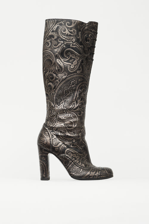 Etro Black 
Silver Embossed Leather Knee High Boot