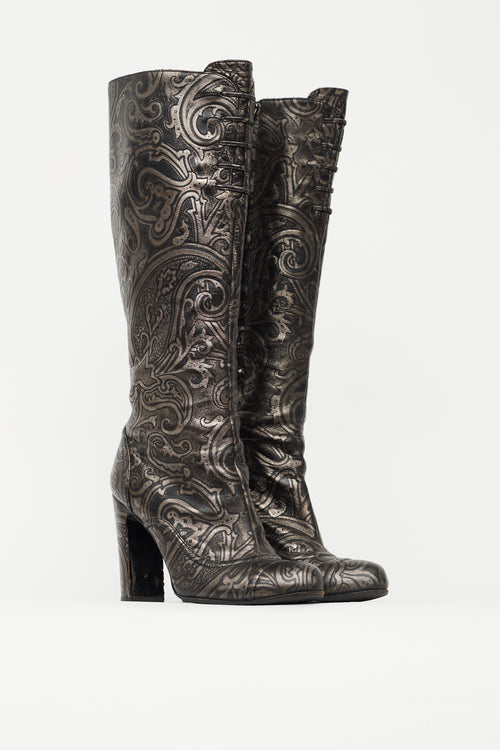 Etro Black 
Silver Embossed Leather Knee High Boot