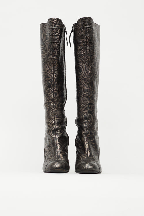 Etro Black 
Silver Embossed Leather Knee High Boot