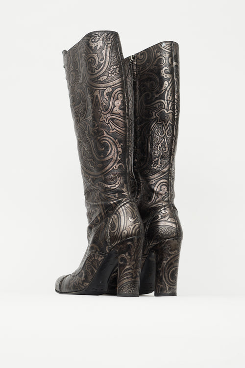 Etro Black 
Silver Embossed Leather Knee High Boot