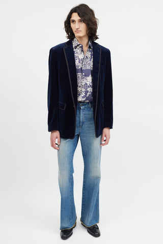 Etro Blue Velour Two Button Blazer