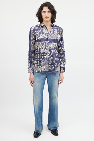 Etro Blue 
White Floral Button Up Shirt