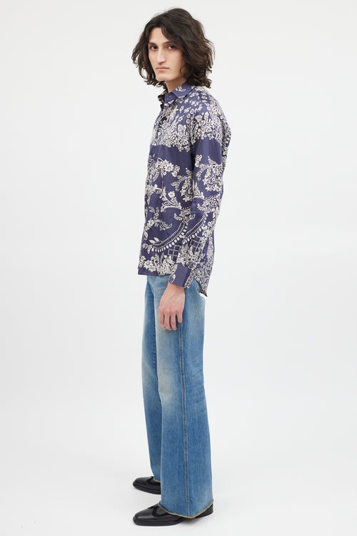 Etro Blue 
White Floral Button Up Shirt