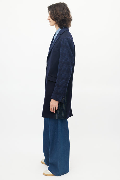 Etro Blue Wool Plaid Coat