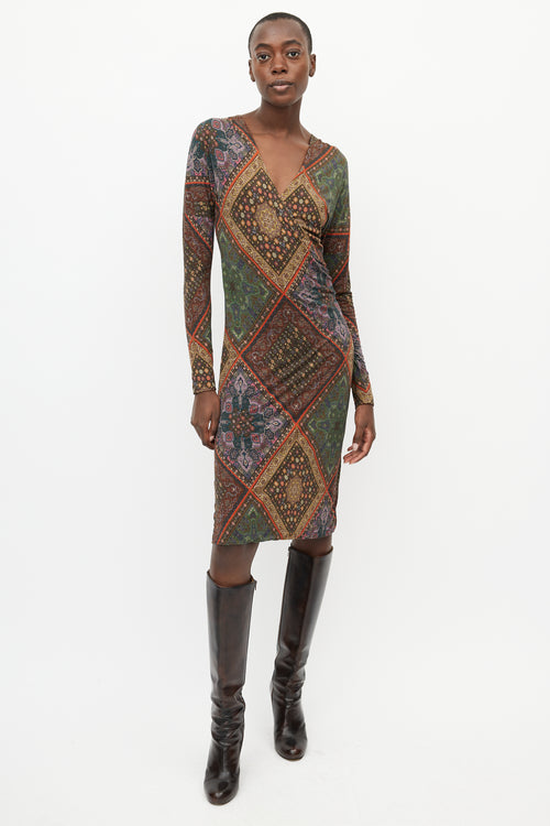 Etro Brown 
Multi Print V-Neck Dress