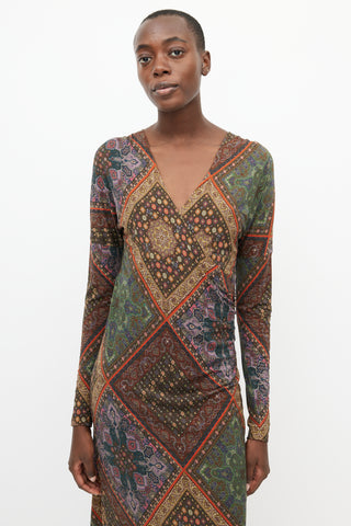 Etro Brown 
Multi Print V-Neck Dress