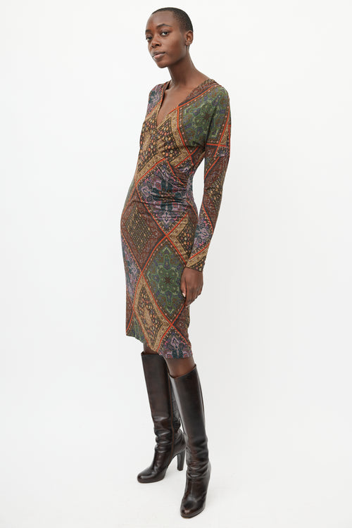 Etro Brown 
Multi Print V-Neck Dress