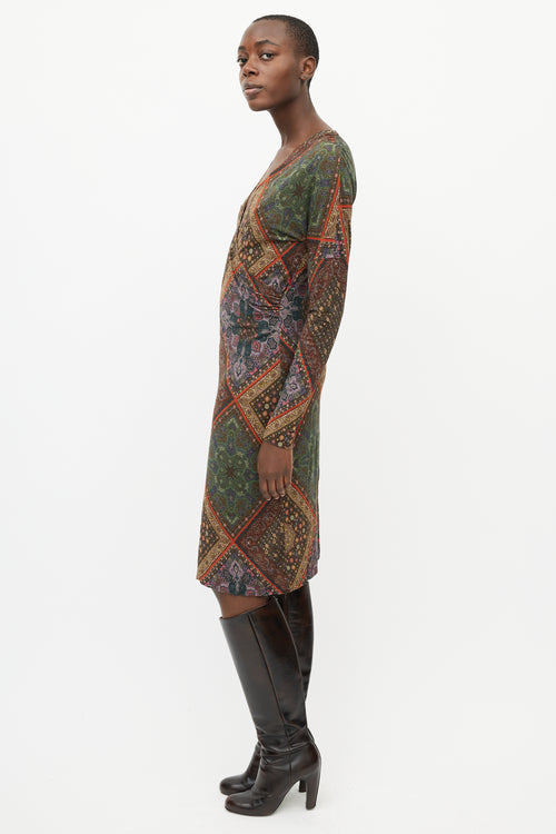 Etro Brown 
Multi Print V-Neck Dress