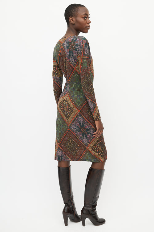 Etro Brown 
Multi Print V-Neck Dress