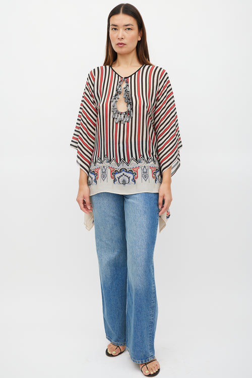 Etro Cream 
Multicolour Silk Striped Tassel Poncho