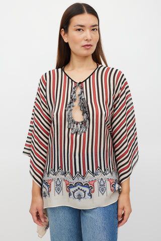 Etro Cream 
Multicolour Silk Striped Tassel Poncho