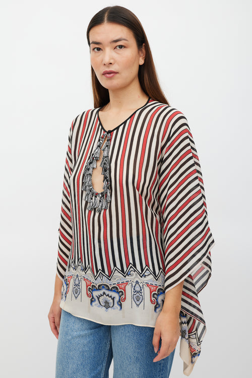 Etro Cream 
Multicolour Silk Striped Tassel Poncho