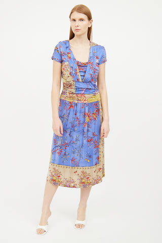 Etro Blue 
Beige Floral Print Dress