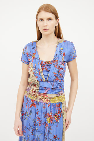 Etro Blue 
Beige Floral Print Dress