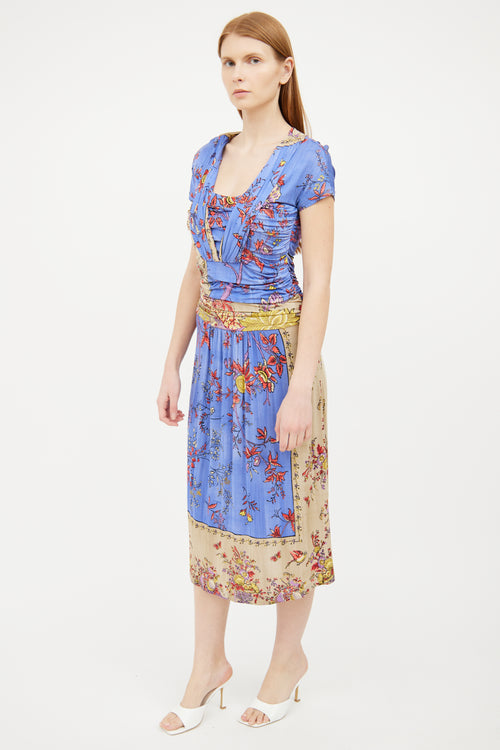 Etro Blue 
Beige Floral Print Dress