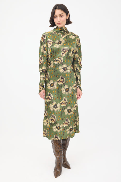 Etro Green 
Multicolour Satin Floral Midi Dress