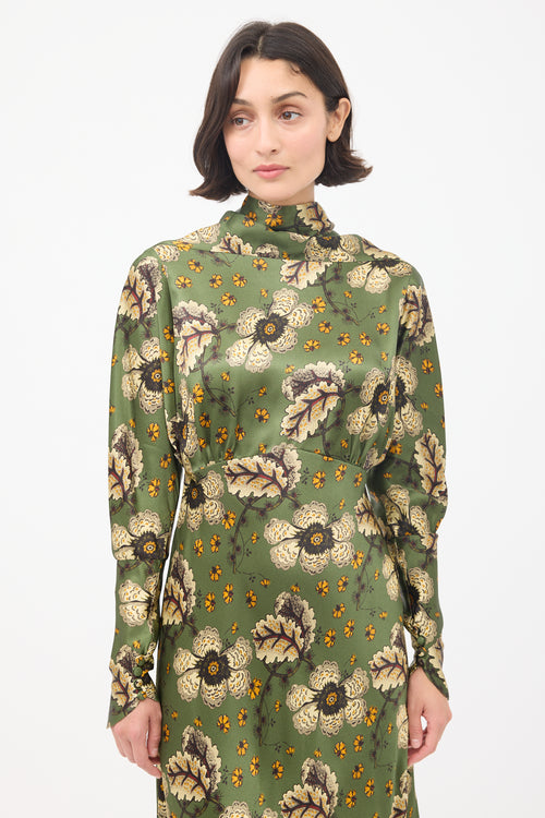 Etro Green 
Multicolour Satin Floral Midi Dress