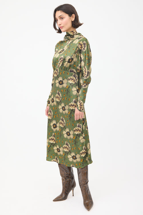 Etro Green 
Multicolour Satin Floral Midi Dress