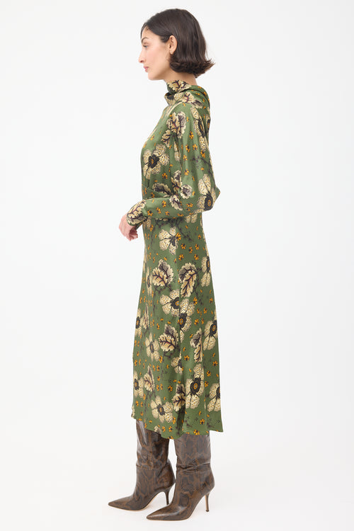 Etro Green 
Multicolour Satin Floral Midi Dress