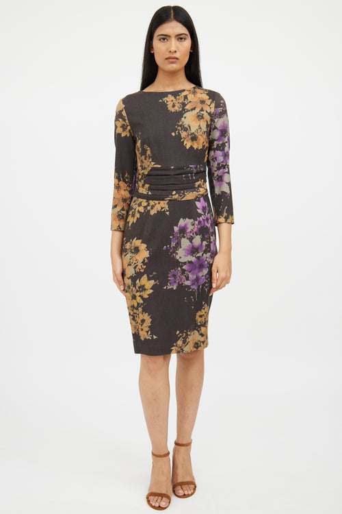 Etro Grey Multi Colour Floral Long Sleeve Dress