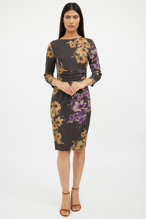 Etro Grey Multi Colour Floral Long Sleeve Dress