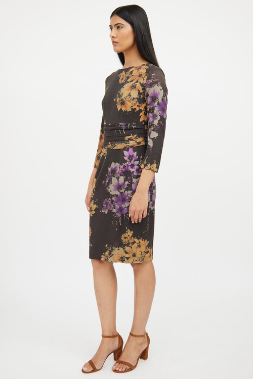 Etro Grey Multi Colour Floral Long Sleeve Dress