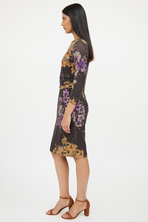 Etro Grey Multi Colour Floral Long Sleeve Dress