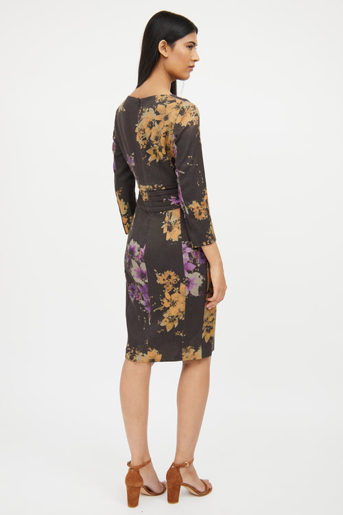 Etro Grey Multi Colour Floral Long Sleeve Dress