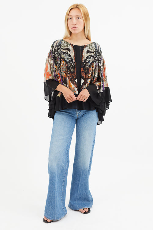 Etro Black 
Multi Silk Print Pleated Blouse