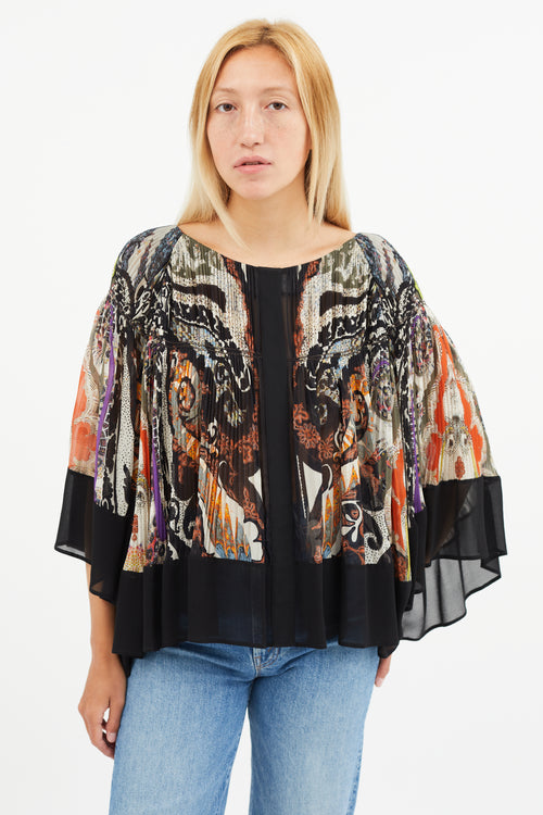 Etro Black 
Multi Silk Print Pleated Blouse