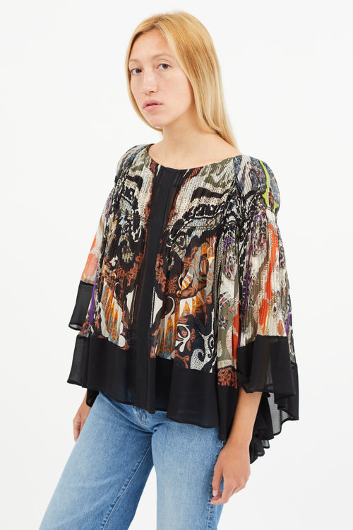 Etro Black 
Multi Silk Print Pleated Blouse