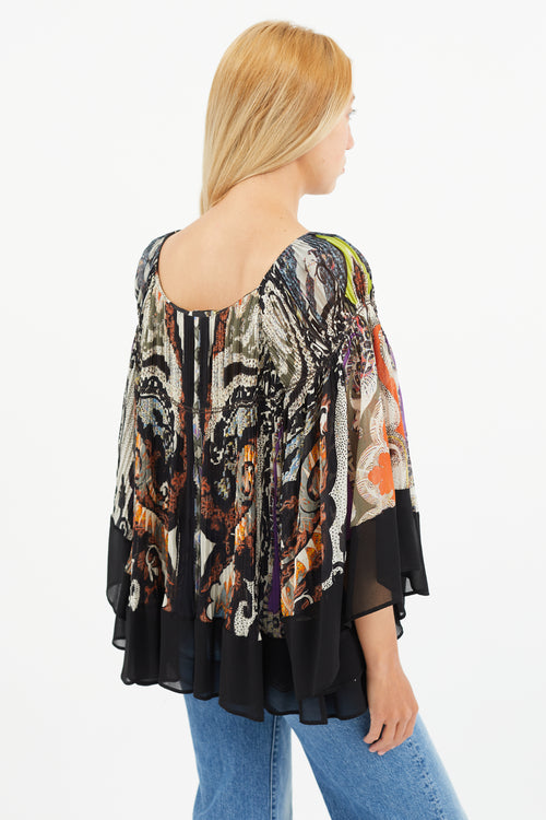 Etro Black 
Multi Silk Print Pleated Blouse