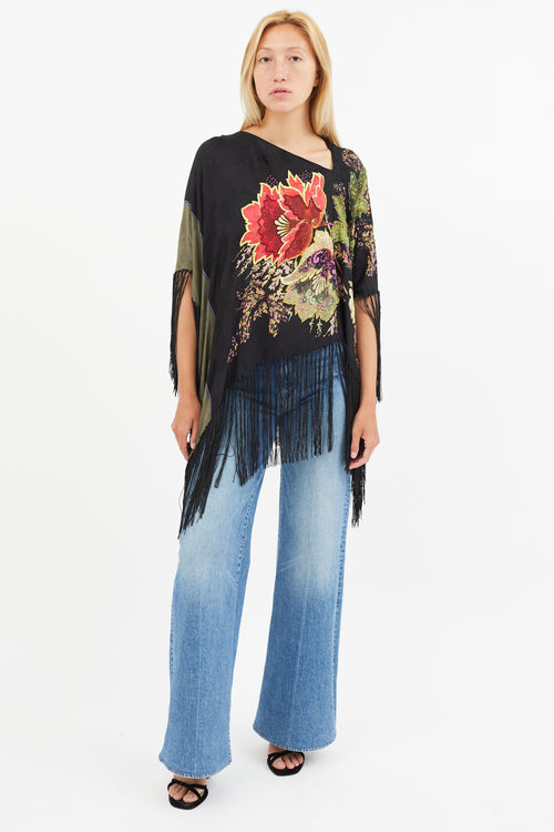 Etro Black 
Multi Silk Floral Beaded Tassel Cape