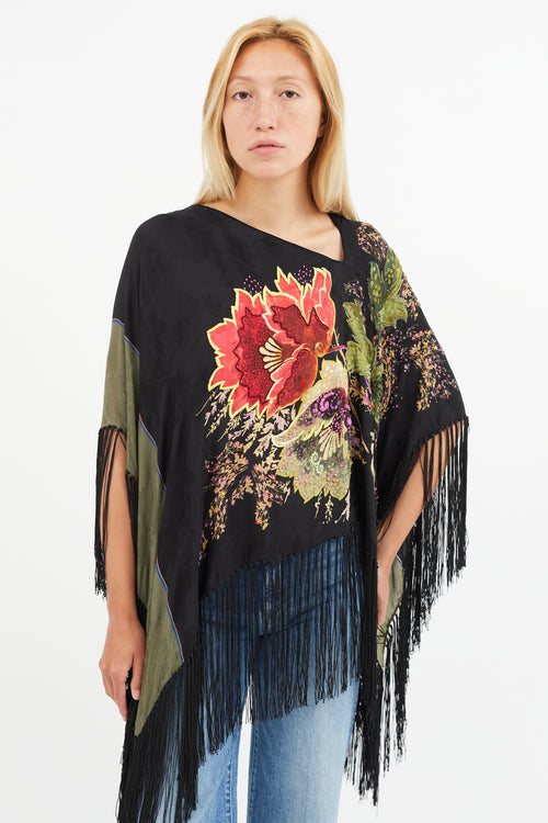 Etro Black 
Multi Silk Floral Beaded Tassel Cape