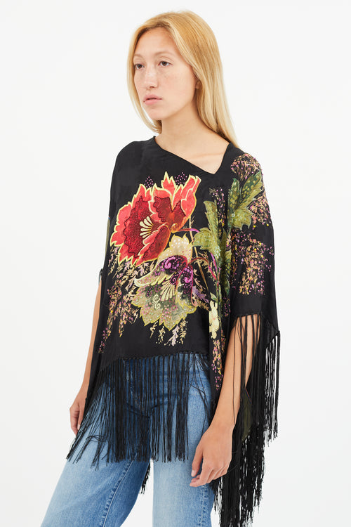 Etro Black 
Multi Silk Floral Beaded Tassel Cape