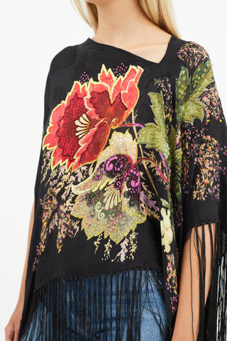 Etro Black 
Multi Silk Floral Beaded Tassel Cape