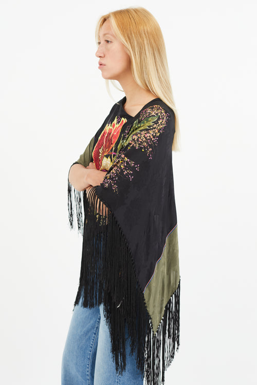 Etro Black 
Multi Silk Floral Beaded Tassel Cape