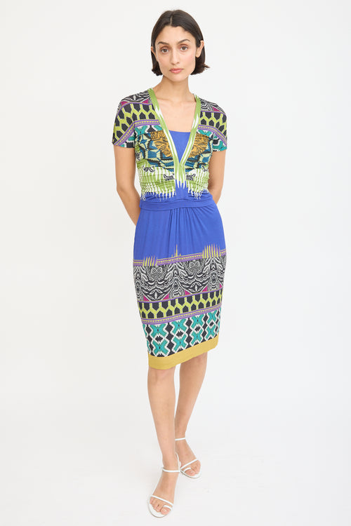 Etro Blue 
Multicolour Printed Ruched Midi Dress