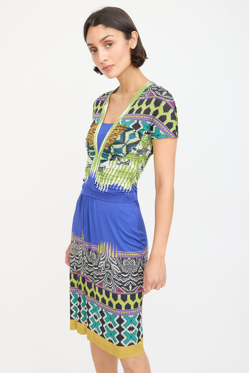 Etro Blue 
Multicolour Printed Ruched Midi Dress